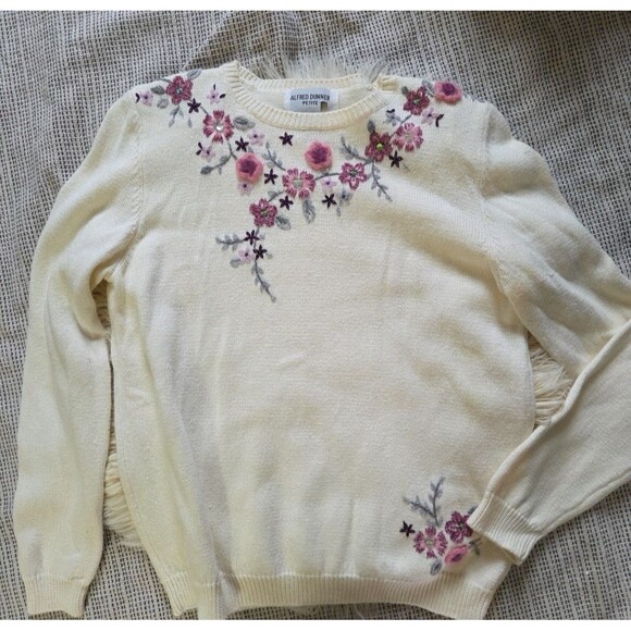 Alfred Dunner Embroidered Sweater Petite S Floral Cream & Pink Spring Pullover - Picture 2 of 9